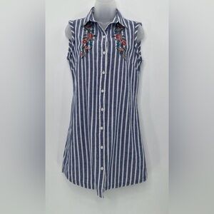 Beach Lunch Lounge Striped Blue White Sleeveless Shirt Dress Floral Embroidery